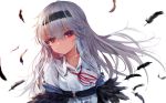  bangs black_feathers black_hairband breasts closed_mouth collared_shirt commentary_request dokomon eyebrows_visible_through_hair feather_trim feathers girls_frontline grey_hair hair_between_eyes hairband head_tilt highres long_hair looking_at_viewer neck_ribbon red_eyes red_ribbon ribbon shirt small_breasts solo stitches thunder_(girls_frontline) upper_body white_background white_shirt 