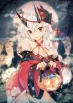  :p bangs bare_shoulders basket black_bow blush bow braid breasts candy castle cleavage commentary_request contrapposto cowboy_shot eyebrows_visible_through_hair fate/grand_order fate_(series) food food_themed_hair_ornament fox_mask full_moon hair_between_eyes hair_bow hair_ornament halloween halterneck head_tilt holding holding_basket jack-o'-lantern japanese_clothes kimono large_breasts long_hair long_sleeves looking_at_viewer mask mask_on_head moon night off_shoulder oni_horns outdoors pumpkin pumpkin_hair_ornament red_kimono single_braid smile solo teddy_(khanshin) tomoe_gozen_(fate/grand_order) tongue tongue_out wide_sleeves 