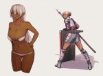  armor armored_boots boots bra breastplate breasts chainmail character_request copyright_request dark_skin hair_up hands_on_hips highres hip_armor large_breasts long_hair multiple_girls navel panties polearm purple_eyes red_eyes shield shoulder_armor simple_background spear strapless strapless_bra sword underwear underwear_only very_long_hair virgosdf weapon white_bra white_hair white_panties 