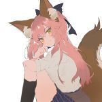  alternate_costume animal_ear_fluff animal_ears blush bow breasts closed_mouth clothes_around_waist commentary english_commentary fang fang_out fate/extella fate/extra fate_(series) fox_ears fox_tail hair_bow highres jacket_around_waist large_breasts long_hair looking_at_viewer mochii pink_hair school_uniform shirt sitting skirt smile socks solo tail tamamo_(fate)_(all) tamamo_jk_(fate) twintails yellow_eyes 