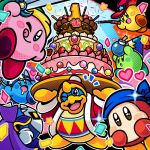  ;p anniversary bandana bandana_waddle_dee bomb cake commentary_request confetti copy_ability cowboy_hat food hat heart king_dedede kirby kirby:_battle_royale kirby_(series) meta_knight multiple_boys official_art one_eye_closed smile sparkling_eyes star tongue tongue_out wand whip 