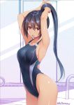  armpits arms_up asami_asami bangs bare_arms black_hair black_swimsuit blush breasts collarbone competition_swimsuit cowboy_shot hair_between_eyes hair_tie high_ponytail highleg highleg_swimsuit highres long_hair looking_at_viewer medium_breasts mouth_hold one-piece_swimsuit original polka_dot polka_dot_background pool_ladder poolside red_eyes sideboob sidelocks skindentation solo swimsuit tan twitter_username tying_hair very_long_hair 