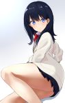  ass bangs black_hair black_skirt blue_eyes blush bow bowtie breasts closed_mouth commentary_request gomashi_(goma) highres hips long_hair long_sleeves looking_at_viewer pleated_skirt red_bow red_neckwear school_uniform simple_background skirt small_breasts solo ssss.gridman sweater takarada_rikka thighs white_background white_sweater 