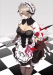  absurdres apron black_dress black_gloves black_legwear breasts brown_hair burnpage cleavage detached_collar dress frills gloves hair_over_one_eye highres holding holding_spear holding_weapon honkai_impact horns large_breasts looking_at_viewer maid maid_headdress open_mouth pantyhose polearm red_eyes rita_rossweisse short_hair shrug_(clothing) solo spear thighband_pantyhose waist_apron weapon 