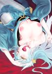  2017 animal_humanoid areola blue_hair breasts clothing fangs fate/grand_order fate_(series) female forked_tongue hair hair_ornament humanoid jewelry kiyohime_(fate) long_hair lying nipples on_back open_mouth reptile scales scalie slit_pupils snake_humanoid solo solopipb teeth tongue tongue_out white_scales yellow_eyes 