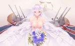  absurdres areolae azur_lane bangs belfast_(azur_lane) blue_eyes blurry blurry_background blush bouquet braid breasts breasts_outside bridal_veil bride cait cannon cleavage collar collarbone dress earrings eyebrows_visible_through_hair flower french_braid gloves gold gold_trim highres holding holding_bouquet huge_filesize jewelry large_breasts long_hair looking_at_viewer machinery maid_headdress nipples paid_reward patreon_reward rigging shiny shiny_skin sidelocks silver_collar silver_hair sitting smile solo strapless strapless_dress tiara union_jack veil wedding_dress white_dress 