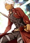  archer brown_eyes dark_skin dated fate/stay_night fate_(series) holding holding_sword holding_weapon male_focus nina_(pastime) silver_hair solo stance sword twitter_username weapon 