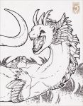  2018 ambiguous_gender dragon feathered_dragon feathers fur furred_dragon hair horn open_mouth shinerai sketch teeth tongue traditional_media_(artwork) 