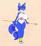  anthro big_breasts blue_fur breasts canine clothing cocaine-leopard female footwear fox fur jewelry krystal mammal necklace nintendo nude pussy sandals solo staff standing star_fox video_games 