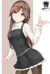  absurdres arashio_(kantai_collection) artist_logo belt black_legwear breasts brown_background brown_eyes brown_hair collared_shirt commentary_request dress eyebrows_visible_through_hair frilled_dress frills hair_between_eyes hibiki_zerocodo highres kantai_collection light_smile long_hair long_sleeves looking_at_viewer pantyhose pinafore_dress pointing school_uniform shirt small_breasts smile solo two-tone_background white_background white_shirt 