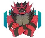  2018 ambiguous_gender anthro biceps black_fur claws crossed_arms fangs feline fur hi_res incineroar looking_away mammal manly muscular nintendo pecs pok&eacute;mon pok&eacute;mon_(species) portrait pterro red_fur sharp_claws solo teal_eyes toe_claws triceps video_games whiskers 