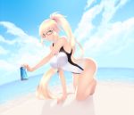  absurdres bangs bare_shoulders beach between_breasts black-framed_eyewear blonde_hair blue_eyes blue_sky blurry blurry_background blush breasts cait can cloud cloudy_sky collarbone competition_swimsuit covered_navel day eyebrows_visible_through_hair fate/grand_order fate_(series) fingernails full_body glasses hair_between_eyes hair_ornament hair_tie highres hips holding holding_can jeanne_d'arc_(fate)_(all) jeanne_d'arc_(swimsuit_archer) large_breasts long_fingernails long_hair looking_at_viewer nail_polish ocean one-piece_swimsuit outdoors paid_reward parted_lips patreon_reward pink_nails ponytail sand sidelocks sky soda_can solo swimsuit teeth thighs very_long_hair water whistle whistle_around_neck white_swimsuit 