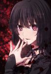  black_hair black_ribbon blood blood_splatter choker eyebrows_visible_through_hair gothic_lolita hair_between_eyes lolita_fashion long_hair long_sleeves looking_at_viewer nina_(pastime) original parted_lips red_eyes ribbon ribbon_choker solo upper_body 