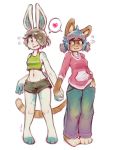  &lt;3 anthro barefoot blue_hair blush cat clothed clothing countershading duo feline female female/female fur girlfriend grey_hair hair hand_holding happy kinktober lagomorph mammal midriff orange_fur panken pants pigtails rabbit shirt short_hair shorts simple_background smile standing tank_top white_background white_fur 