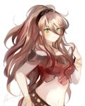 aubz bracelet brown_hair dancer gloves green_eyes jewelry long_hair looking_at_viewer necklace octopath_traveler ponytail primrose_azelhart simple_background smile solo 