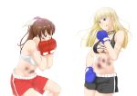  blonde_hair blood blue_eyes blush bow boxing boxing_gloves boxing_shorts breasts brown_hair bruise gloves hair_bow in_the_face injury long_hair multiple_girls niwatazumi original ryona short_hair shorts simple_background solo sweat white_background 