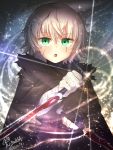  bandages black_cloak dated dual_wielding eyebrows_visible_through_hair facial_scar fate/apocrypha fate_(series) green_eyes hair_between_eyes highres holding holding_knife jack_the_ripper_(fate/apocrypha) knife looking_at_viewer open_mouth scar scar_across_eye scar_on_cheek short_hair signature silver_hair solo taiyaking upper_body 