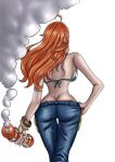  1girl areolae armpits ass bangs bare_arms bare_shoulders blush bracelet breasts brown_eyes curvy hips holding holding_weapon jewelry long_hair nami_(one_piece) one_piece open_mouth orange_hair pose pubic_tattoo simple_background slender_waist solo standing tattoo weapon wide_hips 