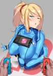  arm_under_breasts aster_crowley bangs blonde_hair blue_bodysuit blue_eyes bodysuit breast_hold breasts collarbone eyebrows_visible_through_hair handheld_game_console hands high_ponytail highres huge_breasts joy-con looking_at_viewer metroid mole mole_under_mouth nintendo_switch object_on_breast open_mouth playing_games ponytail pov samus_aran seiza sitting skin_tight solo_focus swept_bangs tablet tawawa_challenge turtleneck zero_suit 