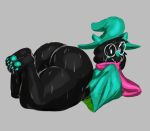  2018 anthro big_butt black_hair black_skin butt caprine clothing deltarune eyewear glasses hair hat hindpaw huge_butt lying male mammal milkbreaks on_front paws ralsei scarf solo sweat sweater thick_thighs video_games 