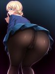  anus ass bangs black_background black_legwear blonde_hair blue_background blue_eyes blue_skirt blue_sweater blush braid closed_mouth commentary_request crotch_seam darjeeling feet_out_of_frame finger_to_mouth from_behind from_below girls_und_panzer gradient gradient_background highres index_finger_raised kneepits looking_at_viewer looking_back looking_down miniskirt no_panties pantyhose pleated_skirt pussy shirt short_hair shushing skirt smile solo squatting st._gloriana's_school_uniform sweater tedain thigh_gap thighs tied_hair upskirt white_shirt 