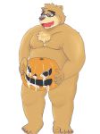  2018 anthro bear belly brown_fur cum eyewear food fruit fur glasses halloween holidays humanoid_hands male mammal moobs nipples overweight overweight_male panthera7uncia pumpkin simple_background solo tokyo_afterschool_summoners volos white_background 