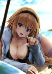  bangs beach bikini black_bikini black_hairband black_scrunchie blonde_hair blue_eyes blurry blurry_background blush braid breasts cleavage commentary_request day eyebrows_visible_through_hair fate/apocrypha fate/grand_order fate_(series) hair_ornament hair_scrunchie hairband highres jacket jeanne_d'arc_(fate)_(all) jeanne_d'arc_(swimsuit_archer) large_breasts long_hair looking_at_viewer lying ocean open_clothes open_jacket open_mouth outdoors pointing pointing_at_viewer sand scrunchie shade sidelocks single_braid smile solo suien swimsuit thighhighs umbrella very_long_hair 