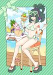  1girl asui_tsuyu bikini boku_no_hero_academia breasts choker cleavage food fruit green_hair long_hair sitting solo swimsuit wedge_heels 