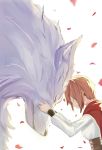  absurdres animal brown_hair cape closed_eyes closed_mouth corset hands_on_another's_face head_to_head highres little_red_riding_hood long_sleeves nananamako original petals red_cape rose_petals short_hair simple_background smile white_background white_wolf wolf 