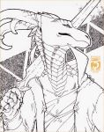  2018 5_fingers anthro clothed clothing curved_horn dragon holding_object holding_weapon melee_weapon scales shinerai sketch sword traditional_media_(artwork) weapon 