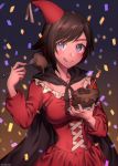  birthday birthday_cake blouse breasts brown_hair cake candle cape chocolate_cake commentary_request corset food fork glitter happy_birthday hat highres kio_rojine licking_lips party_hat ruby_rose rwby silver_eyes solo tongue tongue_out 