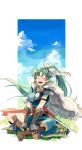  ^_^ absurdres closed_eyes day earrings facing_viewer fingerless_gloves fire_emblem fire_emblem:_rekka_no_ken fire_emblem_heroes gloves green_hair high_ponytail highres jewelry long_hair lyndis_(fire_emblem) nonomori_(anst_nono) open_mouth pelvic_curtain ponytail side_slit sky smile solo very_long_hair weapon 