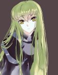  bangs black_clothes brown_background c.c. code_geass eyebrows_visible_through_hair green_hair hair_between_eyes long_hair meimi_k simple_background solo upper_body very_long_hair yellow_eyes 