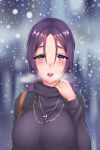  bangs blush breasts commentary_request crimecrime fate/grand_order fate_(series) highres large_breasts long_hair looking_at_viewer minamoto_no_raikou_(fate/grand_order) motherly parted_bangs purple_eyes purple_hair ribbed_sweater solo sweater very_long_hair 