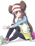 bag black_legwear blue_eyes blue_sleeves breasts brown_hair closed_mouth double_bun ixy long_hair looking_at_viewer medium_breasts mei_(pokemon) pantyhose poke_ball poke_ball_print pokemon pokemon_(game) pokemon_bw2 print_shirt raglan_sleeves shirt shoes short_shorts shorts simple_background smile solo visor_cap watch white_background yellow_shorts 