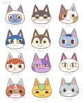  5boys 6+girls :3 animal_ears artist_name ayu_(mog) bantamu_(doubutsu_no_mori) binta_(doubutsu_no_mori) black_eyes blue_eyeshadow blue_hair blush blush_stickers bouquet_(doubutsu_no_mori) cat_ears character_name chasu_(doubutsu_no_mori) closed_mouth doubutsu_no_mori eyeshadow face furry half-closed_eyes happy helmet hyakupaa_(doubutsu_no_mori) ichi_go_(doubutsu_no_mori) japanese_text leaf light_blush looking_at_viewer looking_down looking_to_the_side makeup maru_(doubutsu_no_mori) mikacchi_(doubutsu_no_mori) mole mole_under_eye multiple_boys multiple_girls nikoban_(doubutsu_no_mori) nintendo no_humans number olivia_(doubutsu_no_mori) ramune_(doubutsu_no_mori) red_hair red_helmet short_hair signature simple_background slit_pupils smile tama_(doubutsu_no_mori) white_background yellow_sclera 