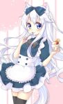  animal_ear_fluff animal_ears apron black_legwear blue_eyes bow commentary_request dress eating food food_on_face fruit hair_bow joujou long_hair looking_at_viewer original pudding solo spoon strawberry tail thighhighs white_hair zettai_ryouiki 
