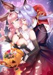  1girl ahoge aki663 animal_ears bare_shoulders between_breasts black_dress black_gloves black_legwear blue_eyes blush braid breasts candy cleavage collar_tug commentary_request cross detached_collar dress elbow_gloves erune esser fangs fingerless_gloves food formal gloves granblue_fantasy hair_intakes hair_ribbon halloween hetero incest jacket large_breasts licking long_hair looking_at_another nun open_mouth pantyhose pink_hair ponytail pumpkin purple_hair quatre_(granblue_fantasy) ribbon suit tongue tongue_out torn_clothes torn_legwear vampire very_long_hair 