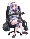  absurdres ahoge aimpoint ar-15 bangs black_gloves black_hairband black_sailor_collar black_skirt blush brown_footwear chair commentary_request crossed_legs eyebrows_visible_through_hair full_body gloves grey_eyes grey_jacket gun hair_between_eyes hair_intakes hairband head_tilt highres holding holding_gun holding_weapon jacket loafers long_hair long_sleeves magpul office_chair on_chair open_clothes open_jacket original parted_lips pleated_skirt rifle sailor_collar shirt shoes silver_hair simple_background sitting skirt solo tandohark thighhighs weapon white_background white_legwear white_shirt yellow_neckwear 