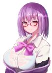  ayumu_(ayumu3659) bangs blush bow bra breasts collared_shirt eyebrows_visible_through_hair highres jacket large_breasts lavender_hair looking_at_viewer off_shoulder purple_bow purple_eyes purple_jacket red-framed_eyewear see-through semi-rimless_eyewear shinjou_akane shirt short_hair simple_background smile solo ssss.gridman underwear upper_body wet wet_clothes wet_shirt white_background white_shirt 