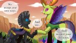  2018 black_body black_exoskeleton blue_eyes changeling dialogue drone_(mlp) english_text eye_contact female feral friendship_is_magic green_body green_exoskeleton group hi_res hole_(anatomy) horn insect_wings looking_down looking_up male my_little_pony outside purple_eyes size_difference text thorax_(mlp) vavacung wings 