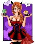  1girl 2boys bare_arms bare_shoulders blonde_hair bra breasts brown_eyes chibi cleavage earrings green_hair hair_over_one_eye holding horns jewelry large_breasts lipstick long_hair makeup multiple_boys nami_(one_piece) one_piece open_mouth orange_hair roronoa_zoro sanji teeth underwear 