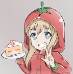  1girl absurdres artist_name blonde_hair blue_eyes buttons cake clenched_teeth commentary_request fklars food fruit grey_background grin highres long_hair looking_at_viewer plate simple_background slice_of_cake smile solo strawberry teeth tomato_costume toshinou_kyouko w yuru_yuri 