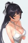  azur_lane bangs bare_shoulders black_hair blush bow breasts casual_one-piece_swimsuit cleavage collarbone commentary_request criss-cross_halter hair_bow hair_flaps halterneck hand_on_own_chest highres large_breasts long_hair looking_at_viewer nnoelllll one-piece_swimsuit parted_lips ponytail ribbon simple_background solo swimsuit takao_(azur_lane) white_background white_bow white_ribbon white_swimsuit 