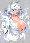  animal_ears blue_eyes breasts buttons cleavage clenched_hands collarbone collared_shirt commentary_request cropped_torso dated dress_shirt elbow_gloves eyelashes fangs gloves glowing glowing_eyes gradient_hair grey_background grey_hair happa_(cloverppd) kemono_friends large_breasts long_hair looking_away multicolored_hair no_bra open_mouth shirt short_sleeves signature simple_background tongue upper_body white_gloves white_hair white_shirt white_tiger_(kemono_friends) wing_collar 