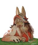  1other absurdres animal_ears barefoot bunny_ears claws devil_lo double_v eyebrows_visible_through_hair fangs frog_eyes fur furry grass hair_ornament helmet highres long_hair looking_at_viewer made_in_abyss mitty_(made_in_abyss) nanachi_(made_in_abyss) one-eyed orange_eyes orange_pants purple_eyes sitting sitting_on_ground smile tail v white_hair yellow_eyes 