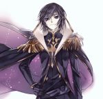  bangs black_clothes black_gloves black_hair cape code_geass gloves lelouch_lamperouge looking_at_viewer male_focus meimi_k parted_bangs purple_eyes simple_background smile solo uniform white_background 