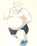  2018 anthro bear belly blush clothing eyes_closed fur humanoid_hands male mammal maron2475 overweight overweight_male polar_bear shirane_kan shirt shorts simple_background solo utau white_fur 