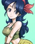  ass bare_arms bare_shoulders blue_background blue_hair breasts dragon_ball dragon_ball_(classic) eyelashes green_tank_top hair_ribbon hairband hands_together happy long_hair looking_away lowres lunch_(dragon_ball) outstretched_arms purple_eyes red_hairband red_ribbon ribbon shirt shorts simple_background sleeveless sleeveless_shirt smile solo st62svnexilf2p9 tank_top upper_body yellow_shorts 