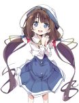  blue_eyes brown_hair eyebrows_visible_through_hair hair_ribbon hat hinatsuru_ai ixy long_hair looking_at_viewer low_twintails open_mouth ribbon ryuuou_no_oshigoto! school_uniform simple_background smile solo standing twintails white_background white_hat yellow_ribbon 